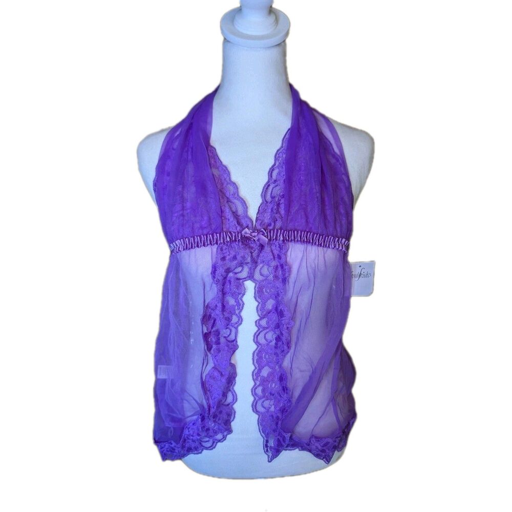 Fredericks of Hollywood 2 Pc Babydoll Lingerie Size M Purple Lace Mesh Tie Back